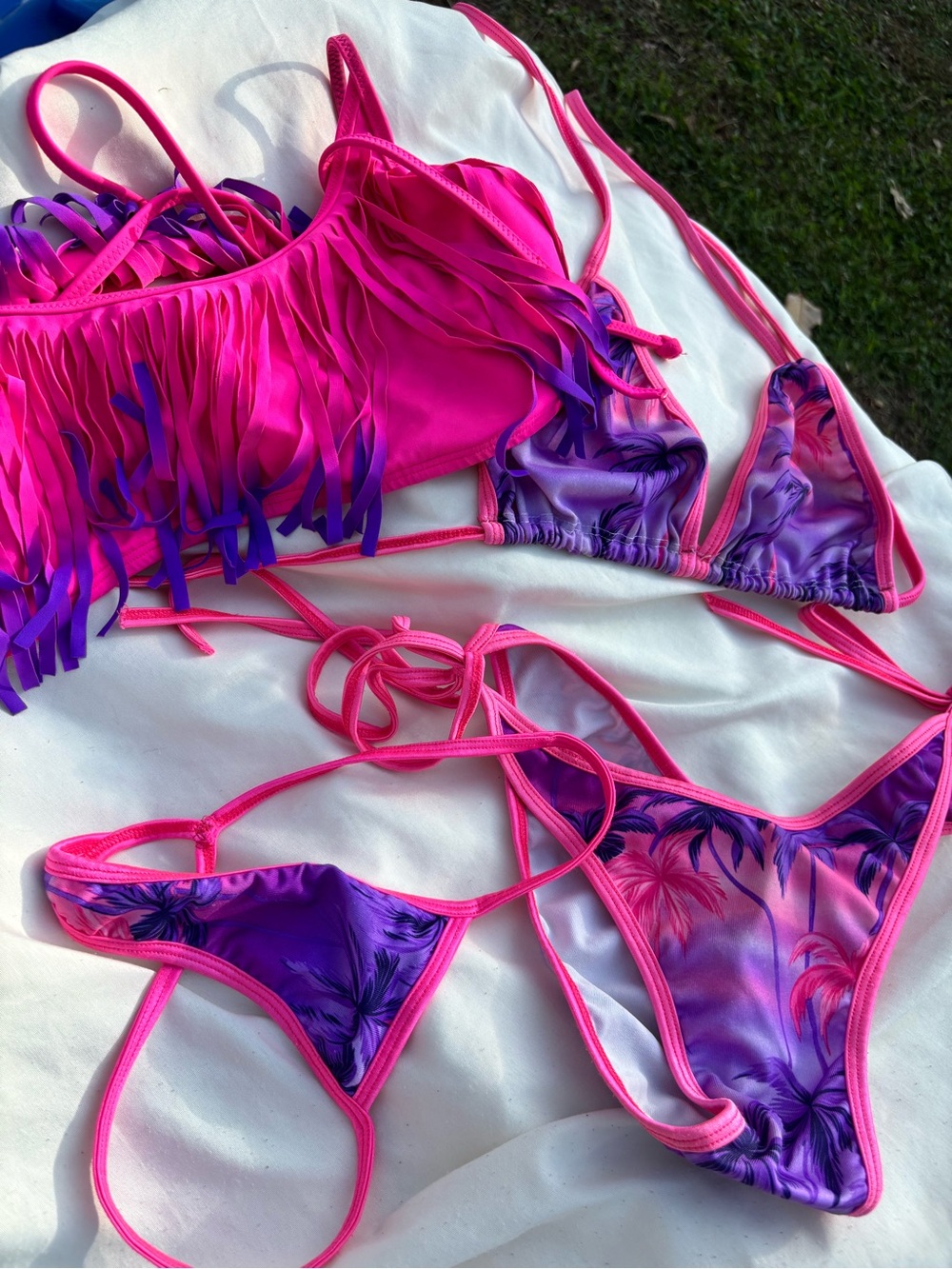 PINK Victoria's Secret Hot Pink & Purple Fringe Bikini /Thong Set 2 Bikinis